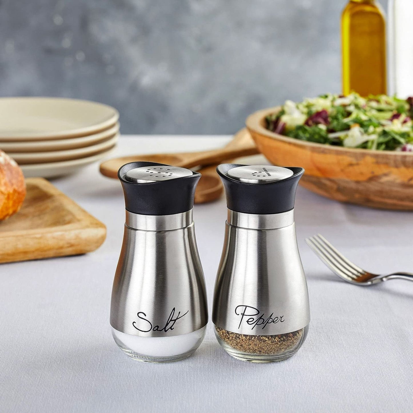 Stainless Steel Salt and Pepper Shaker Set with Glass Bottom, Perforated "S" and "P" Caps - Modern Kitchen Counter Decor (4oz)