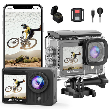 TIMNUT 4K Action Camera Touchscreen - Dual Screen Ultra HD EIS WiFi Sports Camcorder, 40M Waterproof, 170 Wide Angle Vlog Camera, 20MP Underwater with Remote Control and 2 Batteries