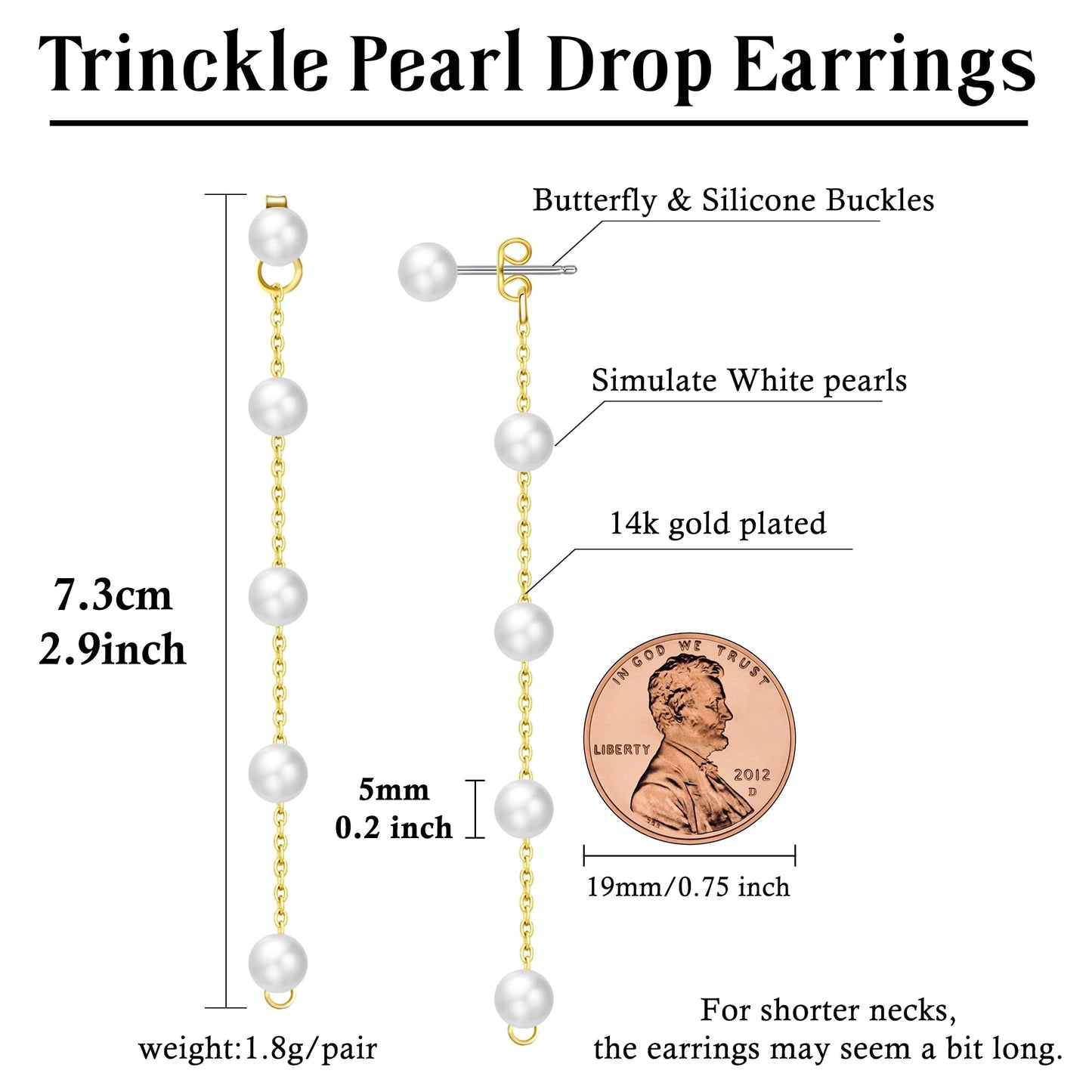 Trinckle Pearl Earrings for Women, 14k Gold Pearl Drop Earrings Statement Boho Earings, 5mm White Gold Dangle Accessories for Bride Wedding, Guest Formal Jewelry Bridal Gifts for Summer Prom Birthday