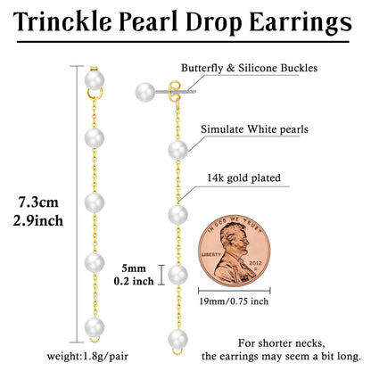 Trinckle Pearl Earrings for Women, 14k Gold Pearl Drop Earrings Statement Boho Earings, 5mm White Gold Dangle Accessories for Bride Wedding, Guest Formal Jewelry Bridal Gifts for Summer Prom Birthday