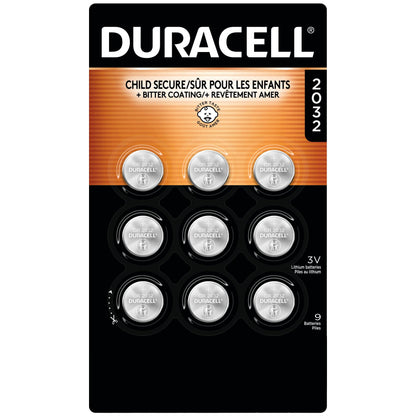 Duracell 2032 Lithium Battery, 9 Count (Pack of 1), Child Safety Features, Compatible with Key Fob, Tea Light Candles and Other Devices, CR2032 Battery