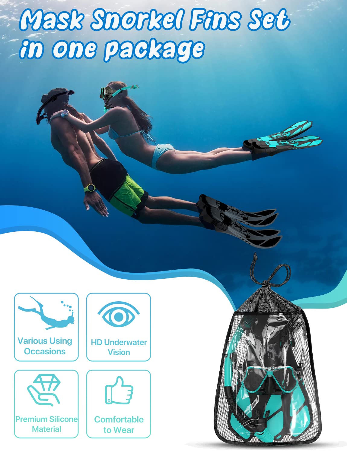 Zenoplige Mask Fins Snorkel Set, Snorkeling Gear for Adults, Panoramic View Snorkel Mask Anti-Fog, Adjustable Dive Flippers, Dry Top Snorkel and Travel Bag, Scuba Gear for Swimming Snorkeling Diving