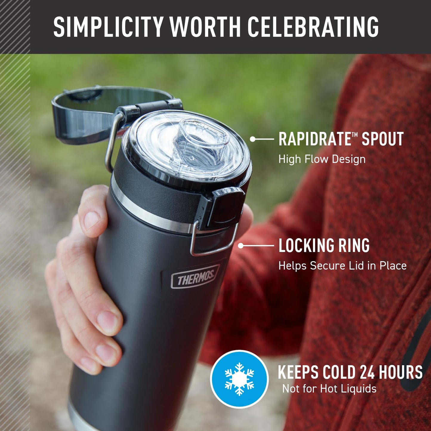 THERMOS ICON SERIES Stainless Steel Water Bottle with Spout - 24 Ounce, Granite - Vacuum Insulated Water Bottle with Lid