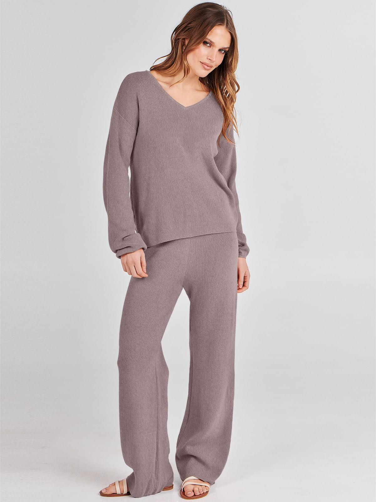 ANRABESS Women 2 Piece Outfits Sweater Lounge Sets Long Sleeve Cable Knit Pullover and Wide Leg Pants Tracksuit Matching Set Medium