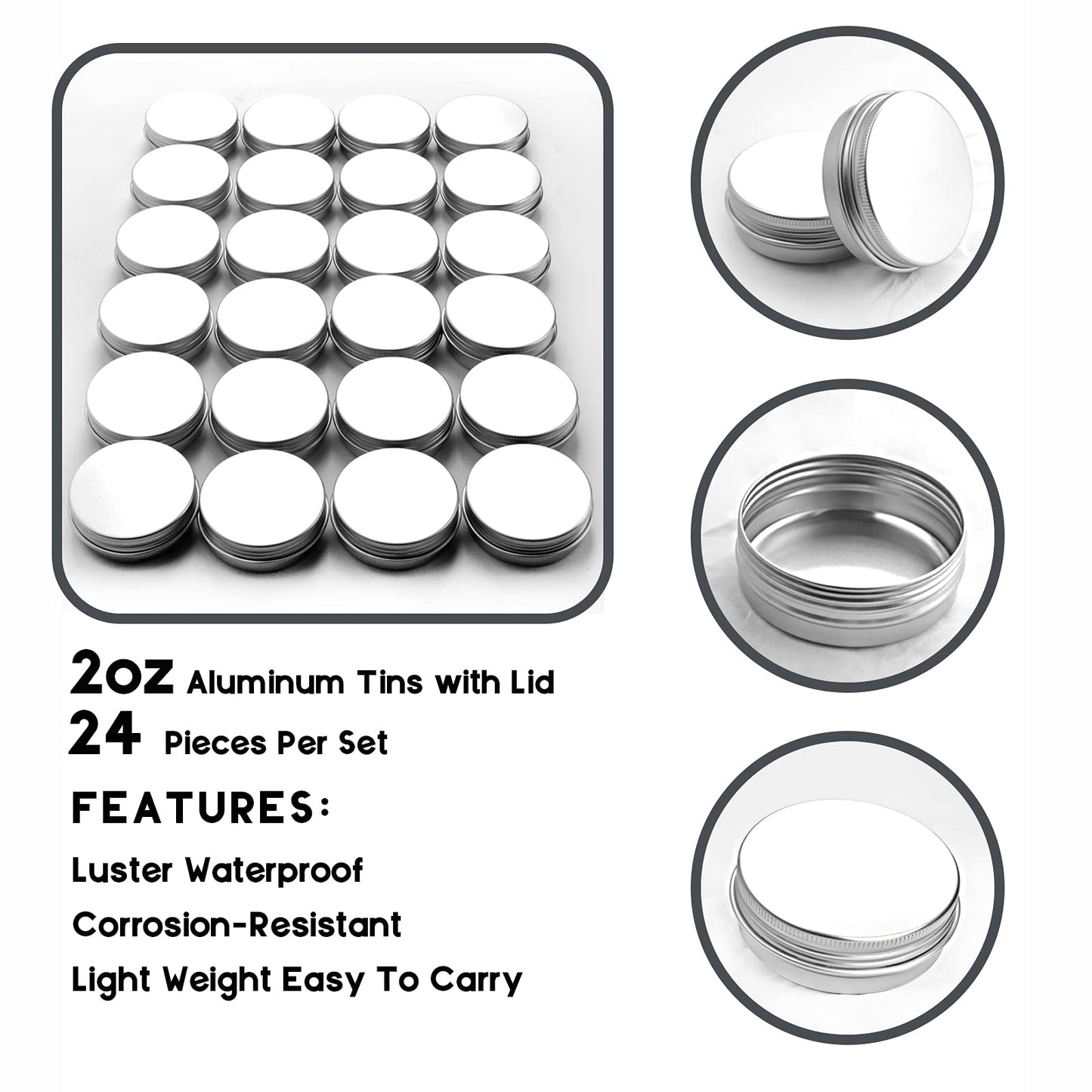 2 oz/60ml 24 Pack Aluminum Balm Tins For Pill Storage, Jar Containers with Screw Thread Lid for Lip Balm, Cosmetic, Candles, Aluminum Tin Cans Containersor for Salve and Spices