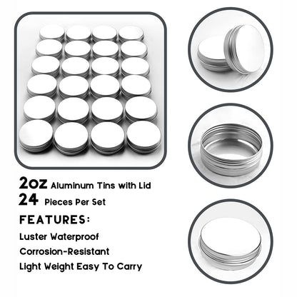 2 oz/60ml 24 Pack Aluminum Balm Tins For Pill Storage, Jar Containers with Screw Thread Lid for Lip Balm, Cosmetic, Candles, Aluminum Tin Cans Containersor for Salve and Spices