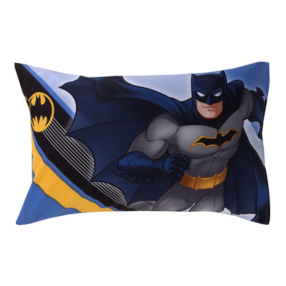 Warner Brothers Batman The Caped Crusader Blue, Gray, and Yellow Bat-Signal and Batmobile 2 Piece Toddler Sheet Set - Fitted Bottom Sheet and Reversible Pillowcase