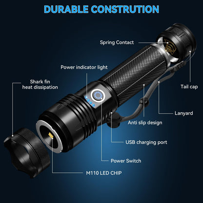 Sigoobal Flashlights High Lumens, 99,000 Lumens LED Flashlight Rechargeable, 5 Modes, Adjustable Beam & 12H Running Time, Powerful and Bright Flash Light for Home/Camping, IPX6 Waterproof
