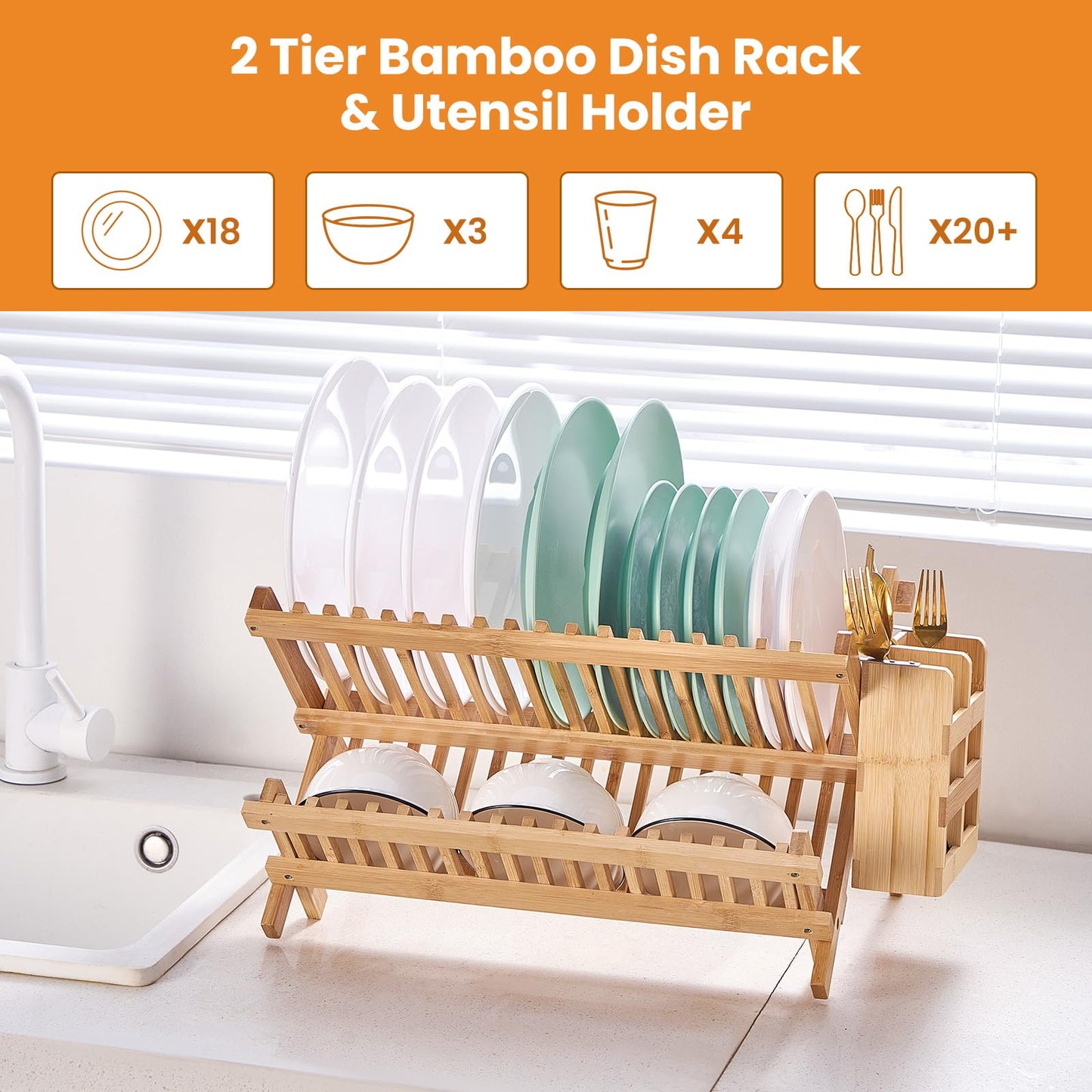 Worthyeah Bamboo Dish Drying Rack, 2 Tier Collapsible Dish Rack with Utensil Holder, Wooden Dish Drying Rack for Kitchen Counter, Large Folding Drying Holder, Dish Drainer 34 pcs Grid