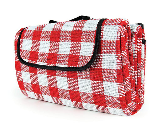 Camco Classic Red & White Checkered Picnic Blanket with Waterproof Backing - Includes Convenient Carry Strap | Comfortable and Durable Material | Measures 51" x 59" - (42803)