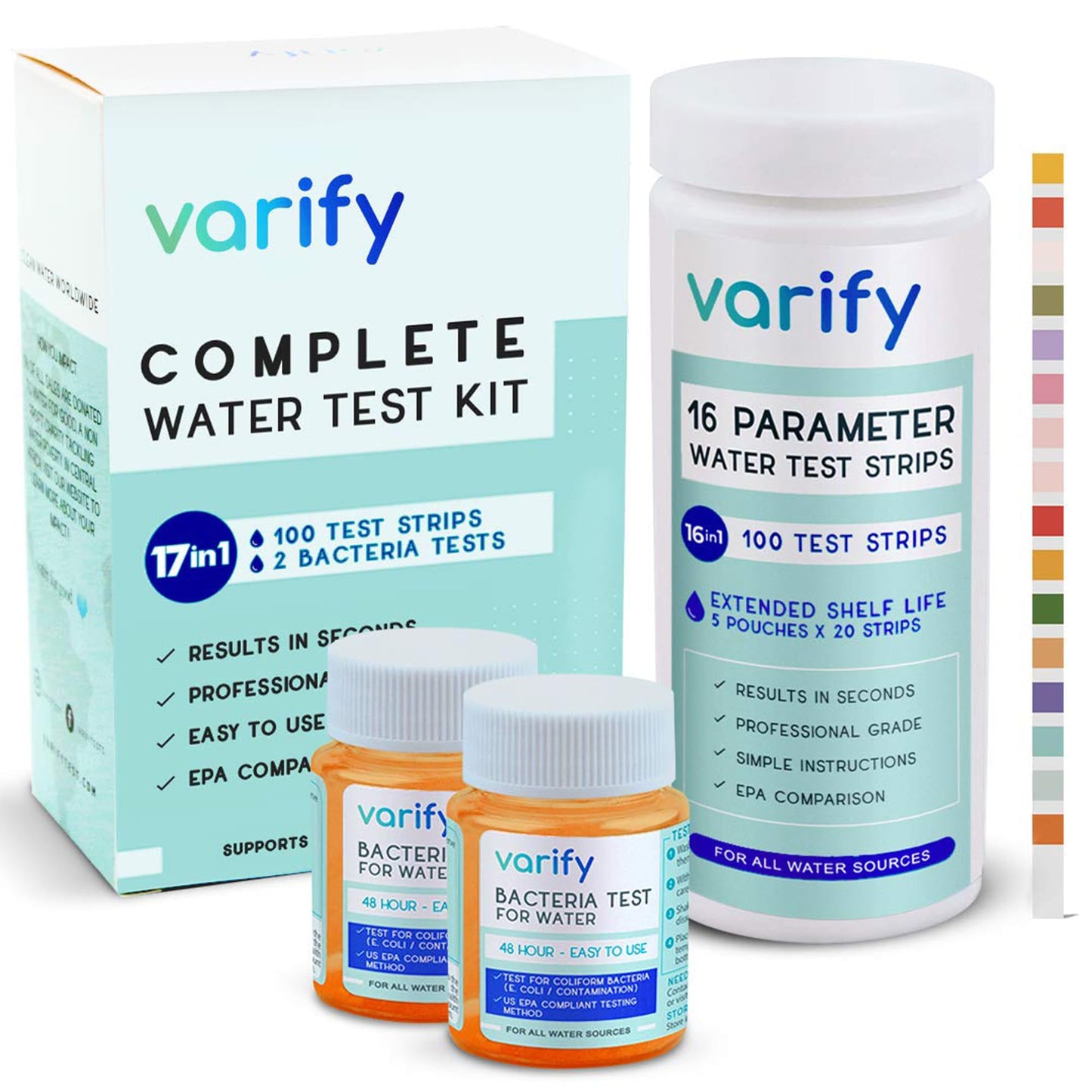 Varify 17in1 Complete Drinking Water Test Kit - 100 Strips + 2 Bacteria Tester Kits - Well, Tap, Home, City Water Testing Strip for Lead, Alkaline, Chlorine, Hardness, Iron, Fluoride, Copper & More
