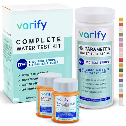 Varify 17in1 Complete Drinking Water Test Kit - 100 Strips + 2 Bacteria Tester Kits - Well, Tap, Home, City Water Testing Strip for Lead, Alkaline, Chlorine, Hardness, Iron, Fluoride, Copper & More