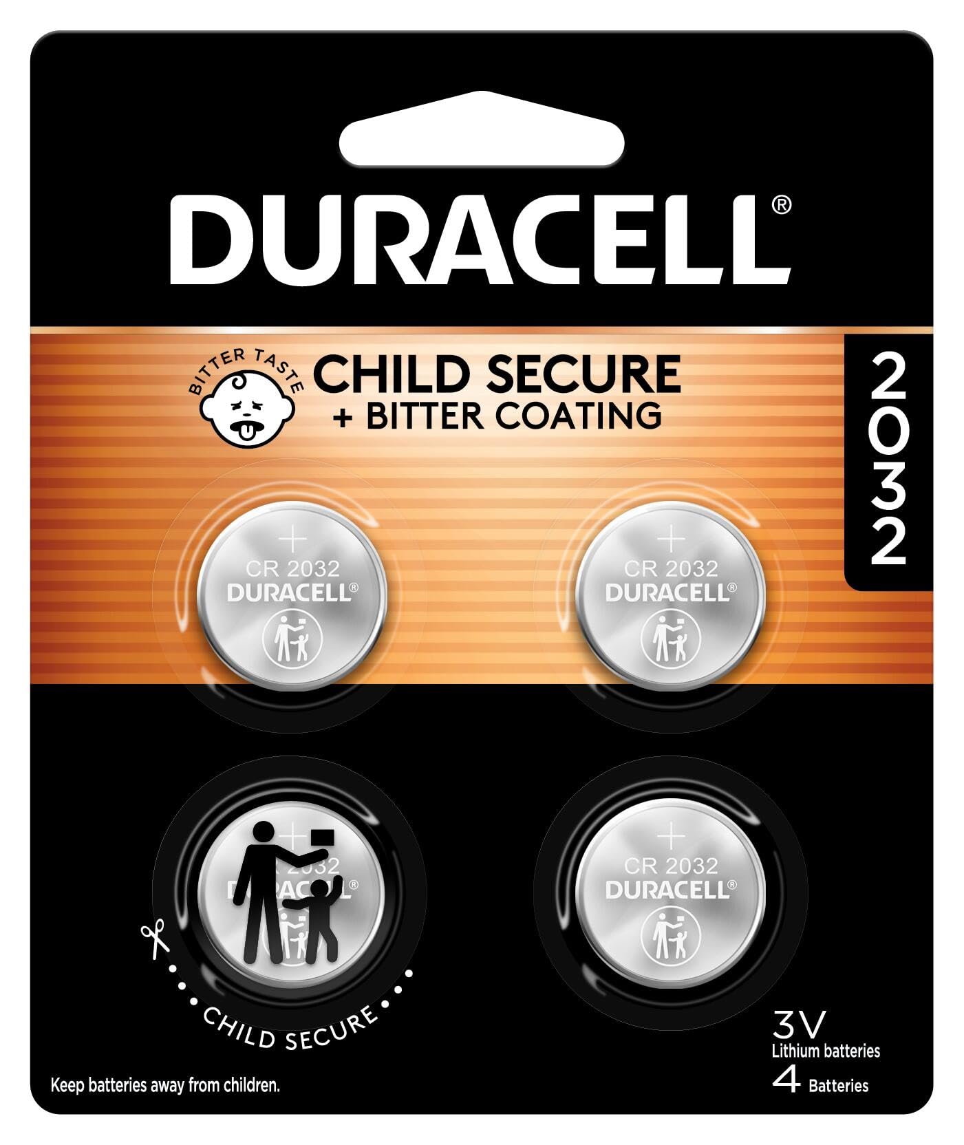 Duracell 2032 Lithium Battery. 4 Count Pack. Child Safety Features. Compatible with Apple AirTag, Key Fob, and other devices. CR2032 3V Cell. 2032 Battery, Lithium Coin
