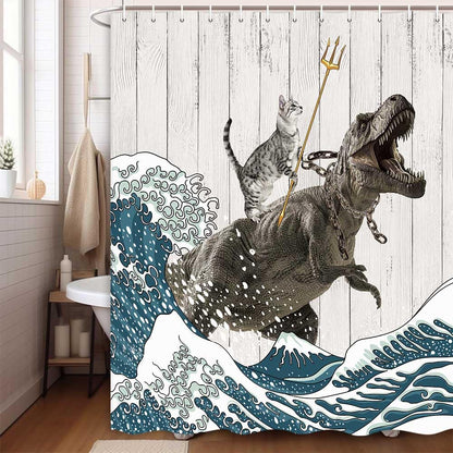 Boziqr Funny Cat Shower Curtain, Cool Cat Dinosaur Japanese Ocean Wave Decor Fabric Bathroom Curtains, Kids Children Rustic Wooden Farmhouse Shower Curtain, 70X70 Inches