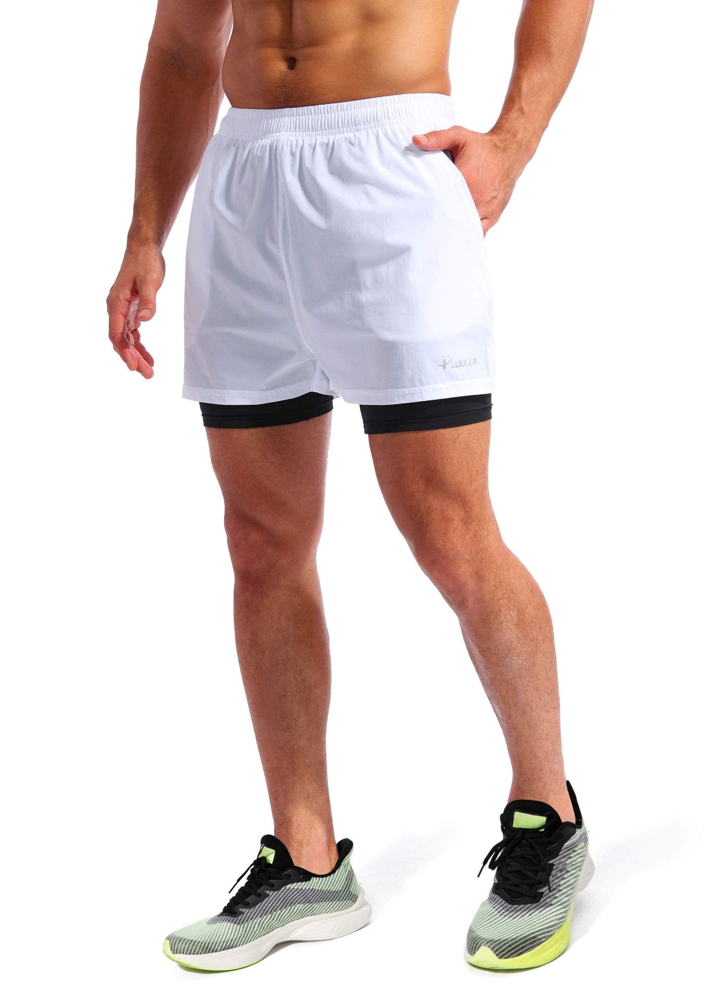 Pudolla Men’s 2 in 1 Running Shorts 5" Quick Dry Gym Athletic Workout Shorts for Men with Phone Pockets(White Medium)