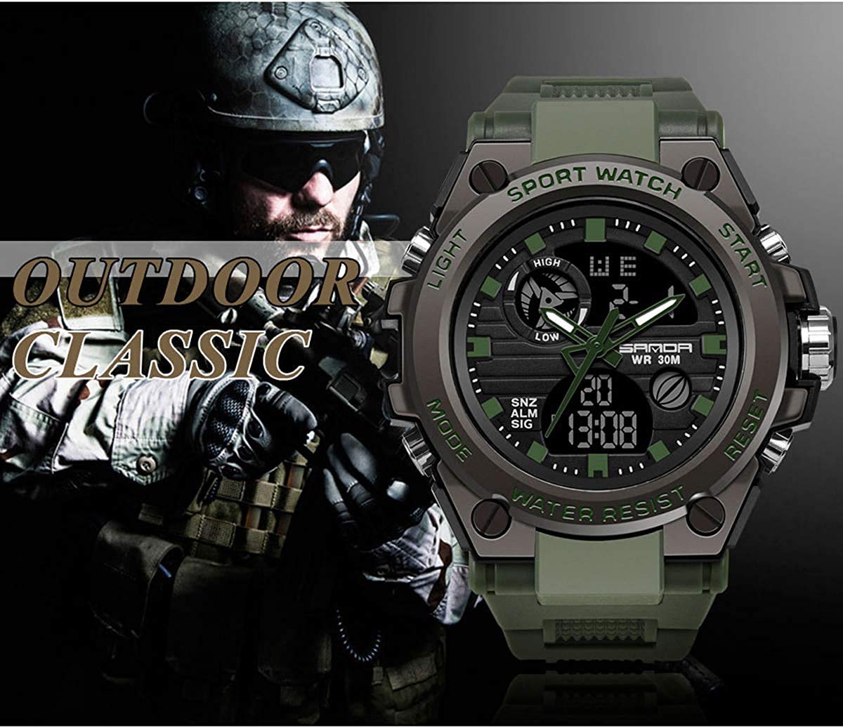 AIMES Men's Watches Sports Outdoor Waterproof Military Watch Date Multi Function Tactics LED Alarm Stopwatch
