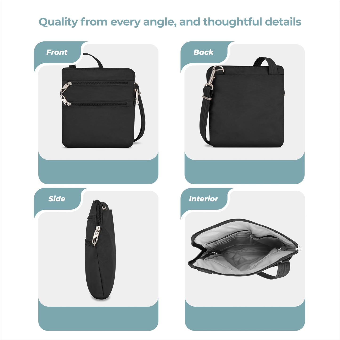 Travelon Anti-theft Classic Slim Double Zip Crossbody Bag, Black, One Size