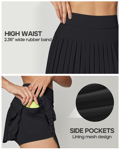 Ewedoos Pleated Tennis Skirts for Women Athletic Skirt with Shorts Underneath Skorts for Woman with Pockets for Golf Black