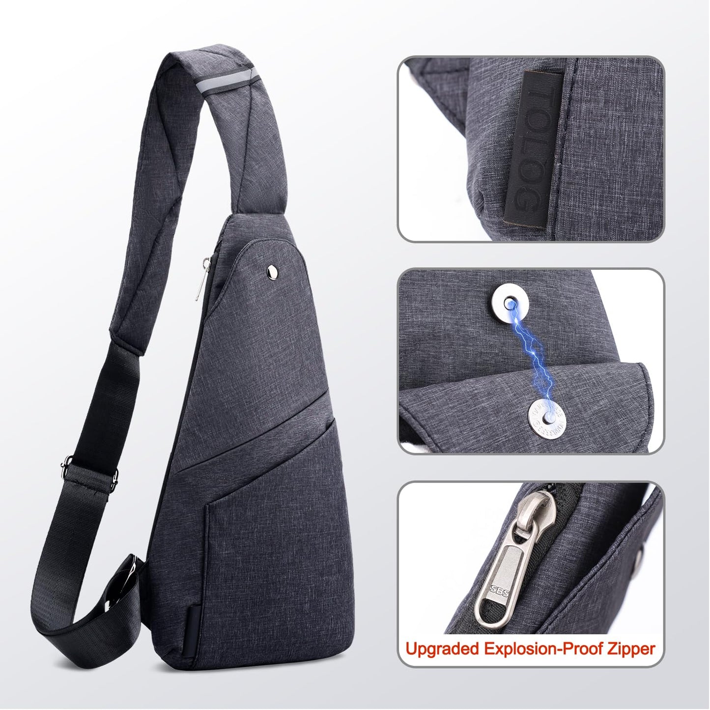 TOLOG Sling Bag Anti-Thief Crossbody Personal Pocket Bag Lightweight Chest Shoulder Backpack for Travel Hiking (Dark Grey)