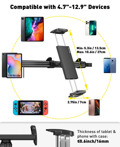 Car Tablet Holder Mount for iPad: Headrest Tablet Stand for Car Back Seat Compatible with iPad Pro Air Mini | Galaxy Tab | Kindle Fire HD | Switch OLED or Other 4.7-16.1" Devices