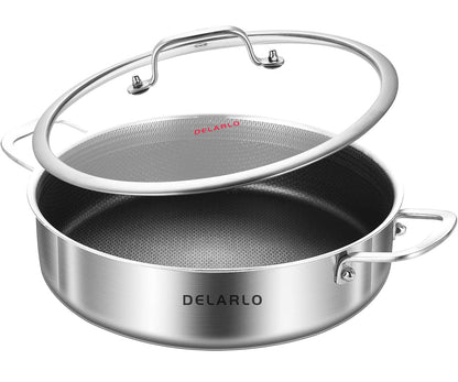 DELARLO Frying Pan,12 inch Skillet with lid,Tri-Ply Stainless Steel Saute Pan 6QT,Dishwasher-Friendly,Stay-Cool Handles,Oven-Safe Up to 660℉