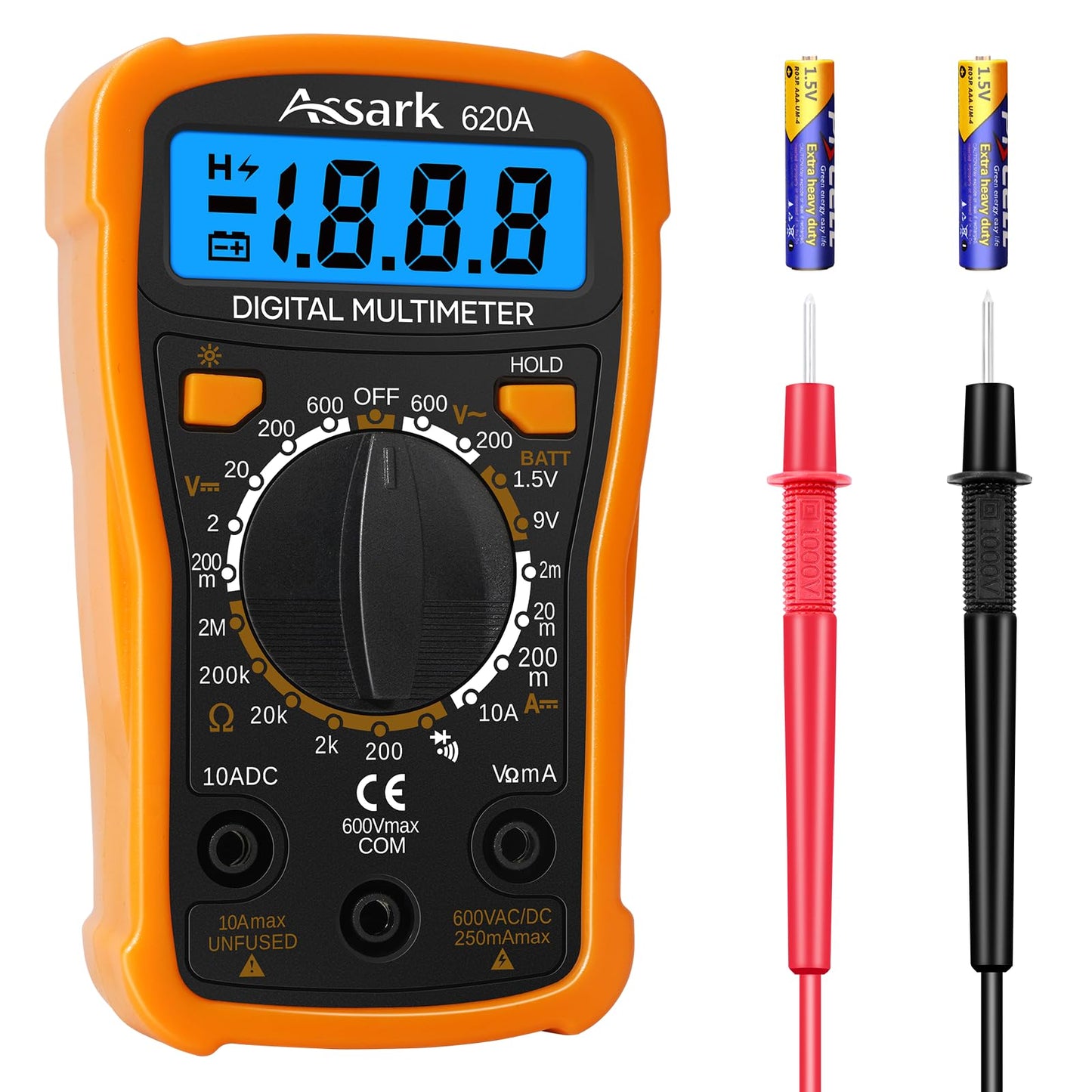 Digital Multimeter Voltage Tester, Assark 2000 Counts Multimeter Measure AC DC Voltage DC Current, Meter Tester Test Volt Ohm Amp Diode Continuity, Resistance, Backlit LCD Display, Data Hold Function