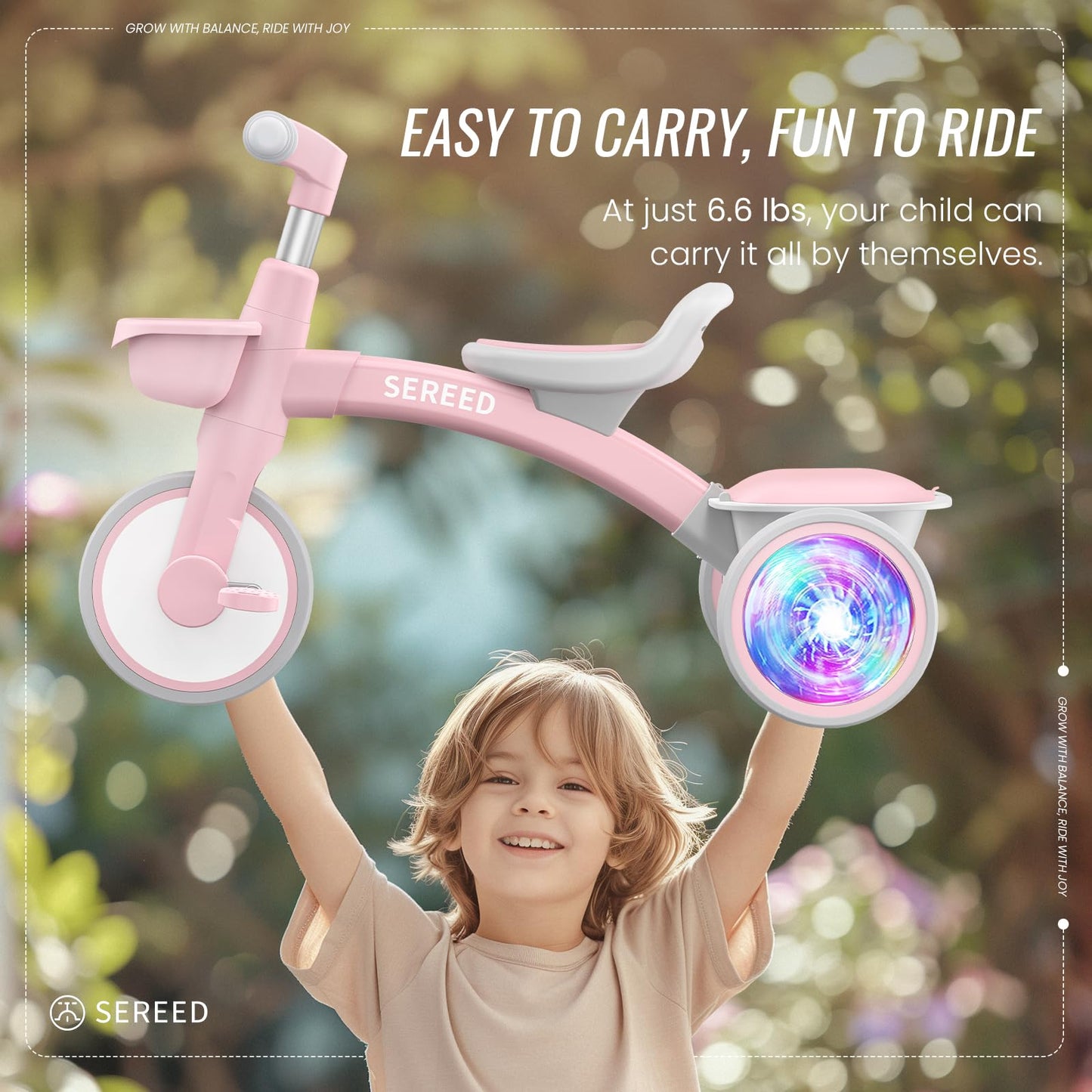 SEREED Colorful Lighting Toddler Tricycle for 2-5 Years Old Girls, Adjustable Seat&Handlebar Trike, Removable Basket, Birthday Gift Idea for Kids Ages 2+ (Pink)