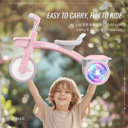 SEREED Colorful Lighting Toddler Tricycle for 2-5 Years Old Girls, Adjustable Seat&Handlebar Trike, Removable Basket, Birthday Gift Idea for Kids Ages 2+ (Pink)