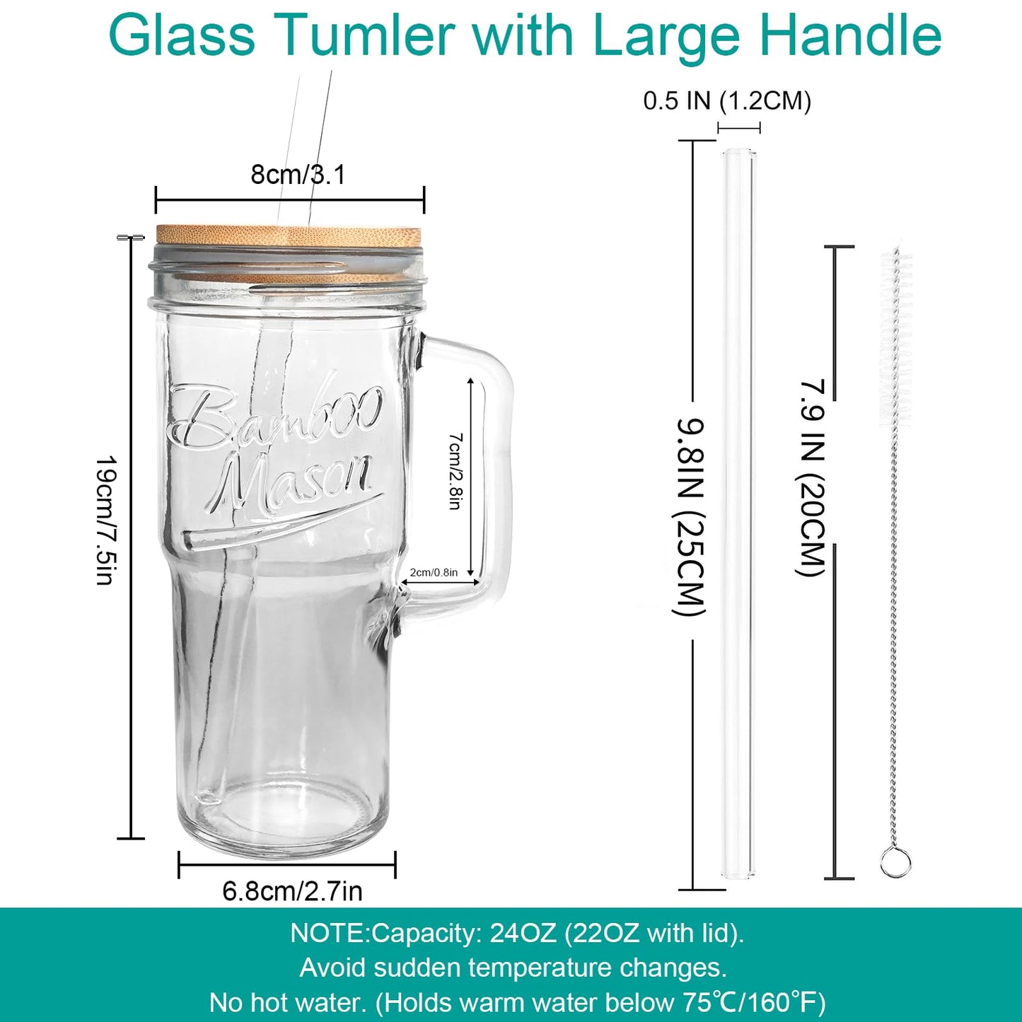 ANOTION Glass Cups with Lids and Straws - 24oz Tumbler with Handle Coffee Cups Glass Straws Glasses Mason Jar Cups Drinking Set Kitchen Essentials Coffee Bar Accessories House Warming Gifts New Home