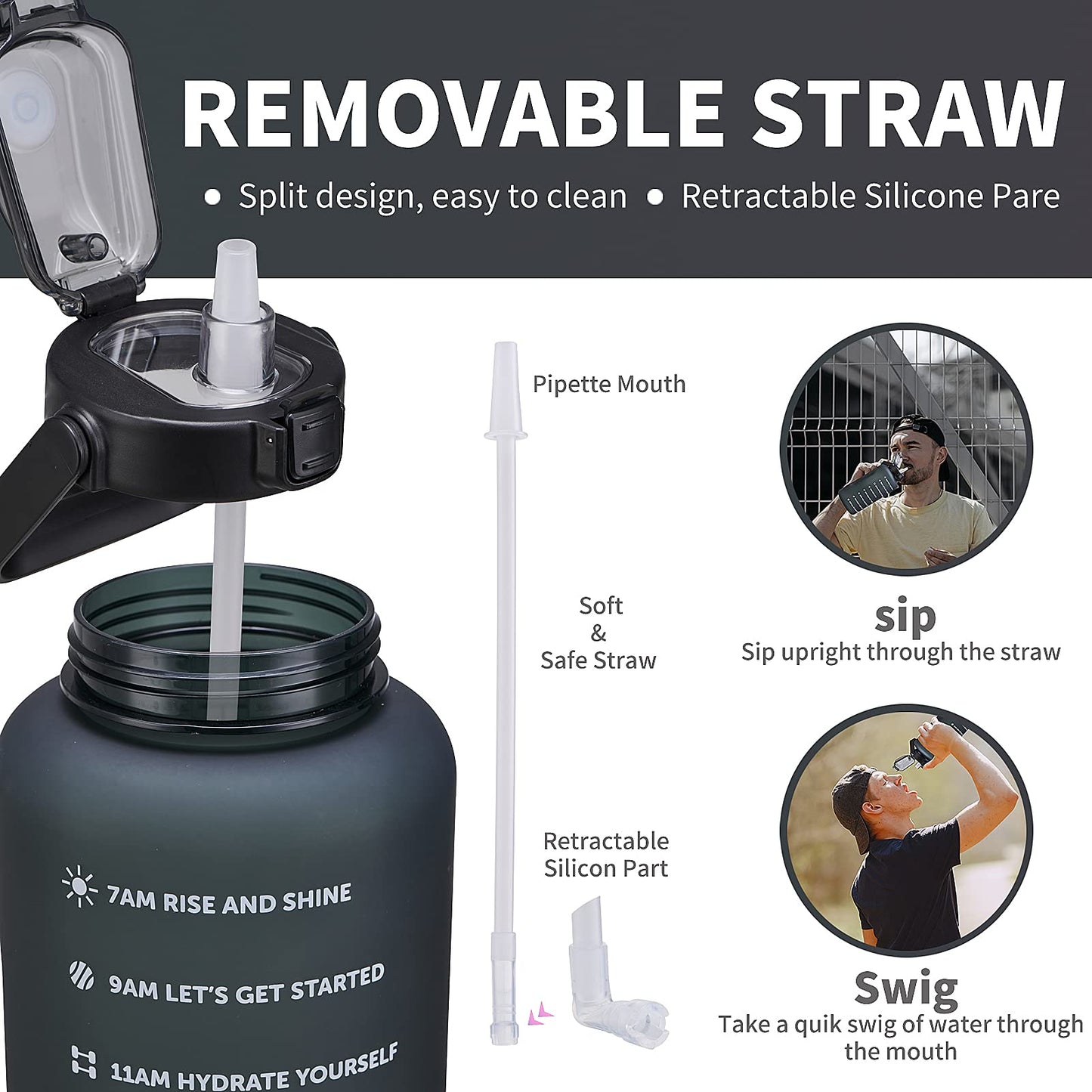 ST-YIBEN 100oz Large Motivational Water Bottle with Time Marker,Leakproof & BPA Free 3 Liter Black Gallon Water Bottle with Straw & Handle Tritan Frosted Water Jug for Women Men to Fitness,Gym,Sports