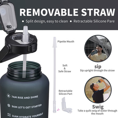 ST-YIBEN 100oz Large Motivational Water Bottle with Time Marker,Leakproof & BPA Free 3 Liter Black Gallon Water Bottle with Straw & Handle Tritan Frosted Water Jug for Women Men to Fitness,Gym,Sports