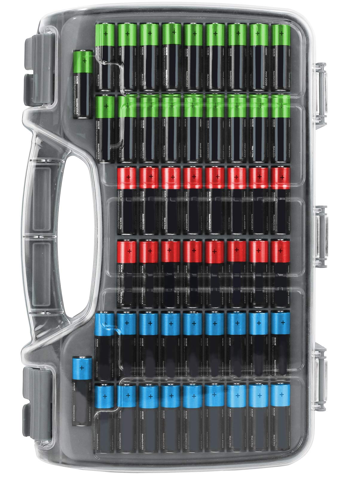 The Battery Organizer, Battery Storage Organizer Hinged Clear Cover with Locking Lid, Holds 180 Batteries, Includes a Removable Battery Tester, Holder for Garage Organization, Charcoal