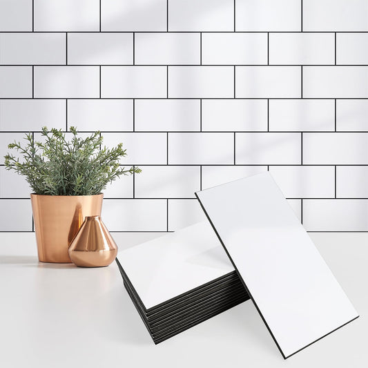 StyloVue 100 Pieces Peel and Stick Backsplash for Kitchen, 3" x 6" PVC Subway Tile 2025 Upgraded Glossy White with Dark Gray Grout Backsplash Stick on Tile Elevate Kitchen, Bathroom, Fireplace,RV