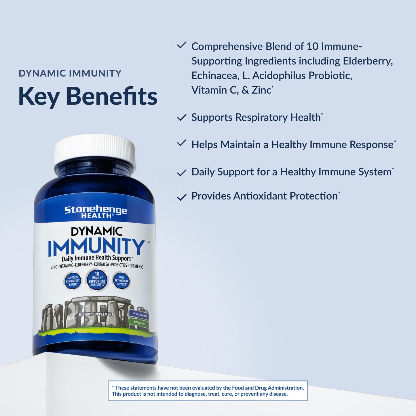 Stonehenge Health Dynamic Immunity Daily Supplement 10-in-1 Immune Boosters Zinc, Elderberry, Echinacea, Vitamin C & Probiotic L. Acidophilus – Supports Immune System & Respiratory Health, 60 Capsules