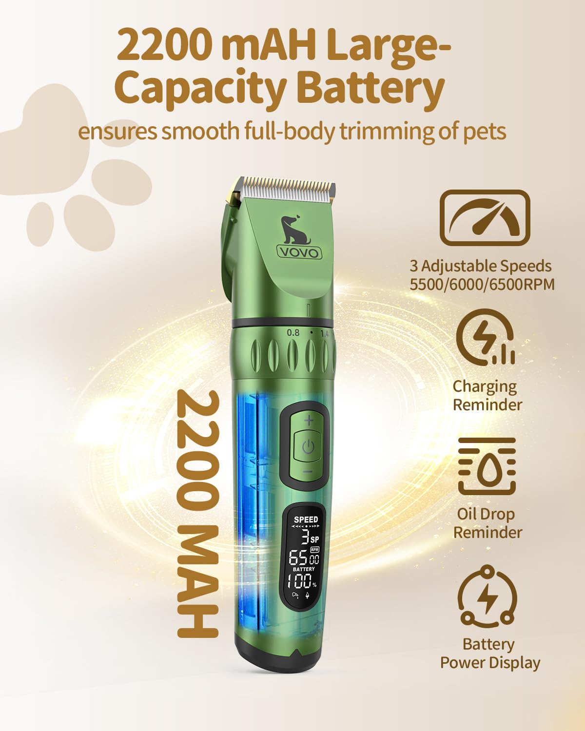 Vovo Dog Hair Clippers 3-Speed Heavy Duty Cordless Electric Dog Grooming Kit (Green)