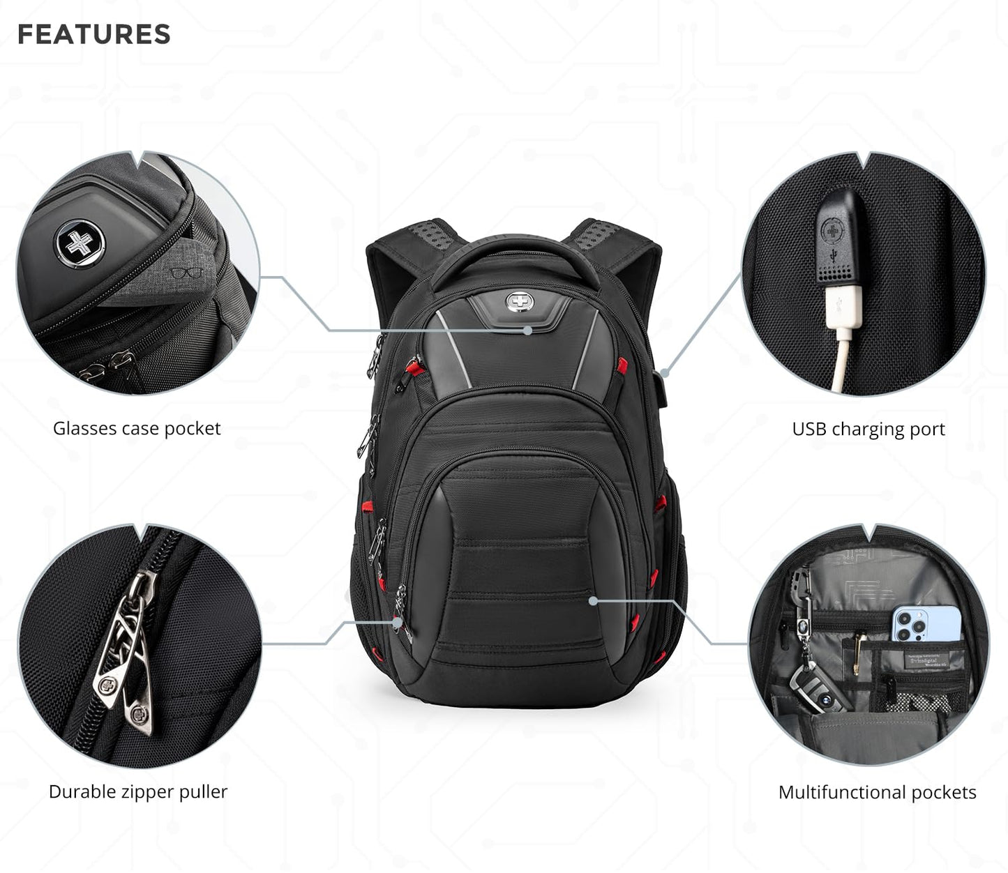 Swissdigital Design Men's Laptop Backpack for College and Business Travel with Integrated USB Charging Port and RFID Protection Fits Laptops up to 15.6 in, Black | J14-BR