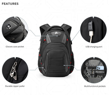 Swissdigital Design Men's Laptop Backpack for College and Business Travel with Integrated USB Charging Port and RFID Protection Fits Laptops up to 15.6 in, Black | J14-BR