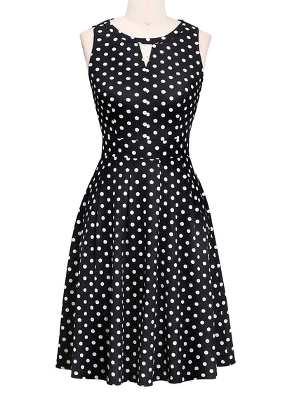 Sureple Wear to Work Dresses for Women Retro 50s Black Polka Dot Keyhole Cutout Pleated Summer Fit and Flare Swing Casual Dresses with Pockets (L, SP81-Black Dot)