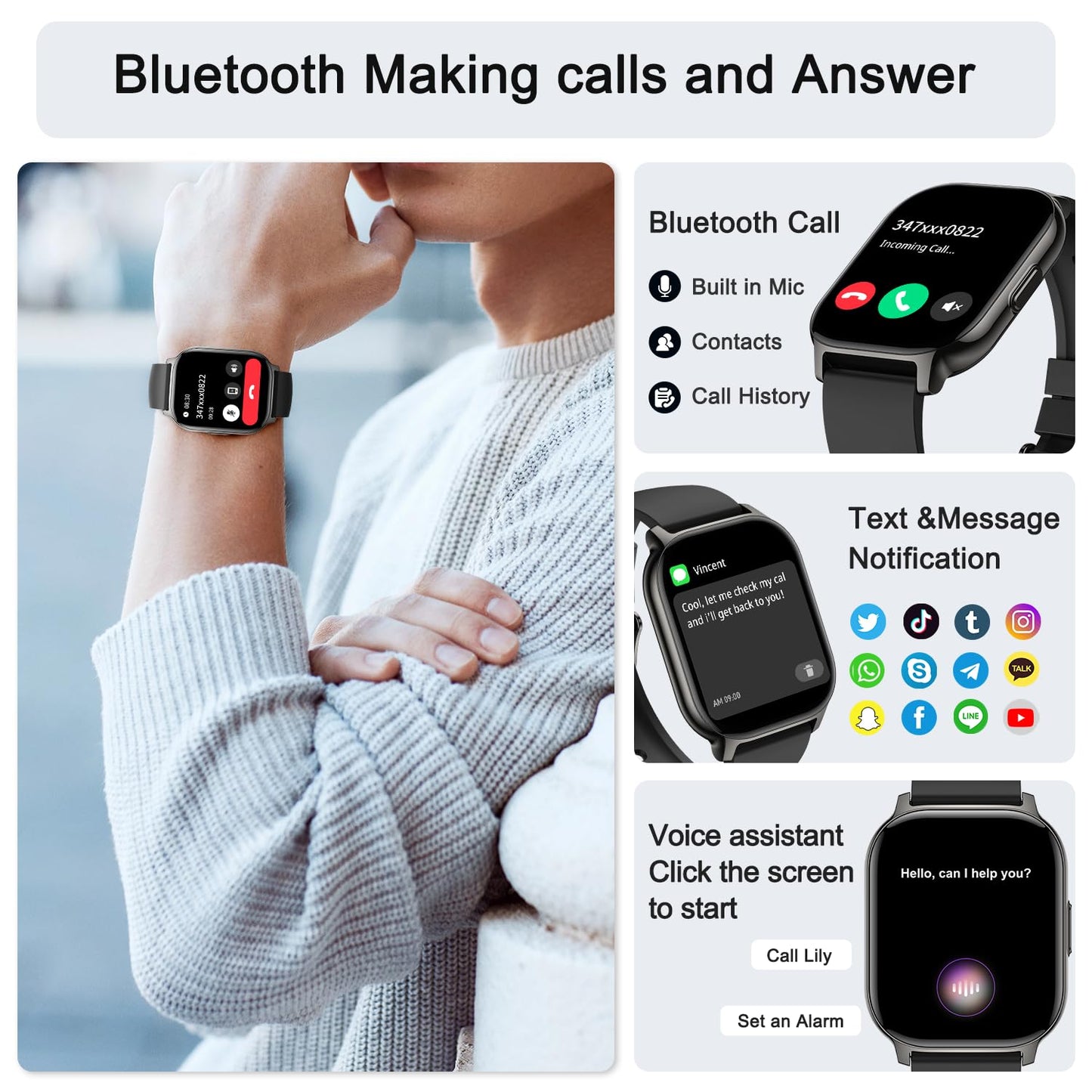 Smart Watch for Men Women Fitness: Make/Answer Call Smart Watches for Men Digital Mens watches Running Waterproof Smartwatch Android Phones iPhone Samsung Compatible Heart Rate Monitor Step Tracker