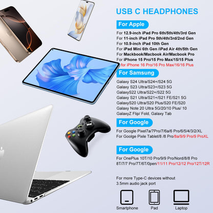 USB C Headphones for iPhone 16e/16/16 Pro/16 Pro Max/16 Plus/15 Pro/15 Pro Max/15 Plus/15,iPad Pro,Type C Wired Earbuds Microphone Earphones for Samsung Galaxy S25 Ultra/A17,Pixel 10 9 8 7,One Plus9