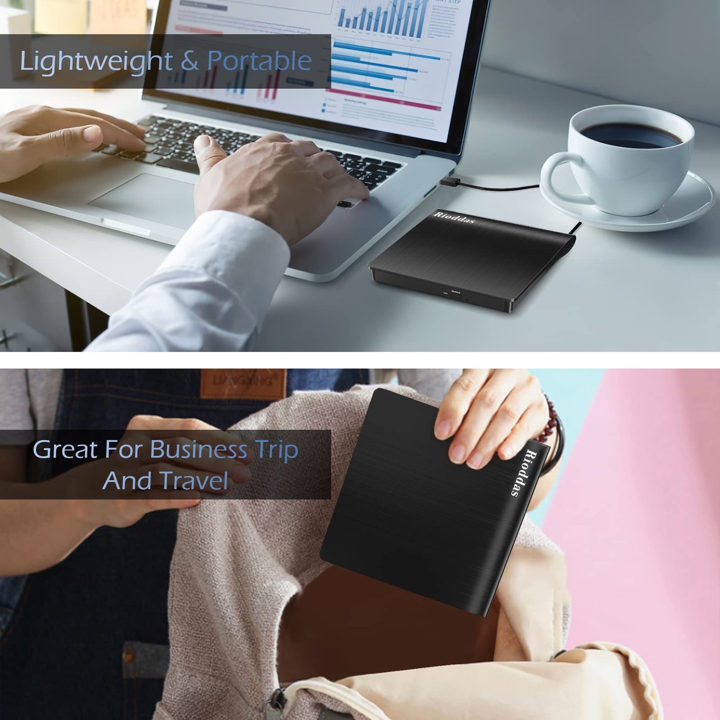 Rioddas External CD/DVD Drive for Laptop, USB 3.0 CD DVD Player Portable +/-RW Burner CD ROM Reader Writer Disk Duplicator Compatible with Laptop Desktop PC Windows Apple Mac Pro MacBook Linux