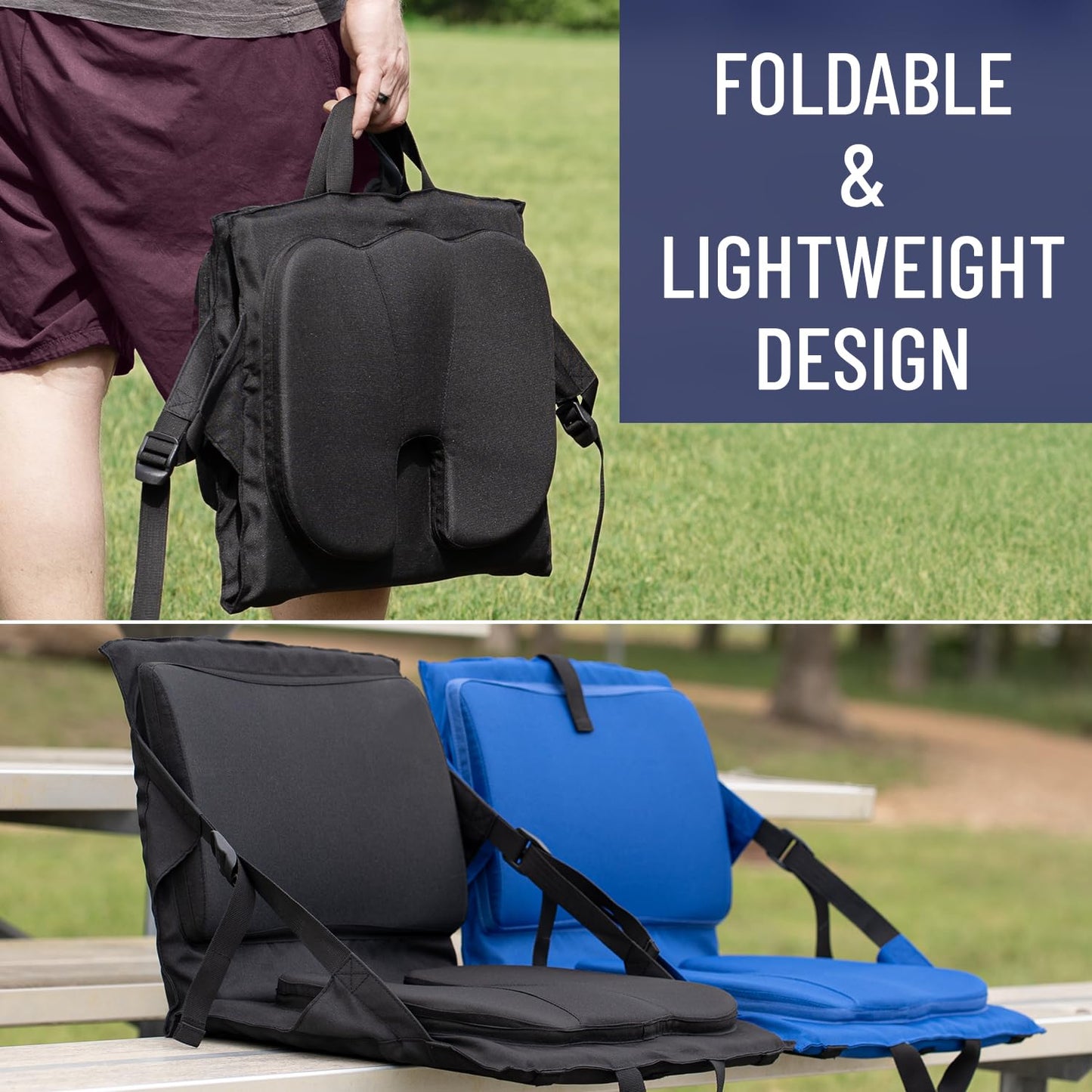 Everlasting Comfort Stadium Seats with Back Support - Adjustable Memory Foam Bleacher Chairs with Back and Cushion, Portable, Easy Folding Stadium Seat Cushion with Storage Pocket