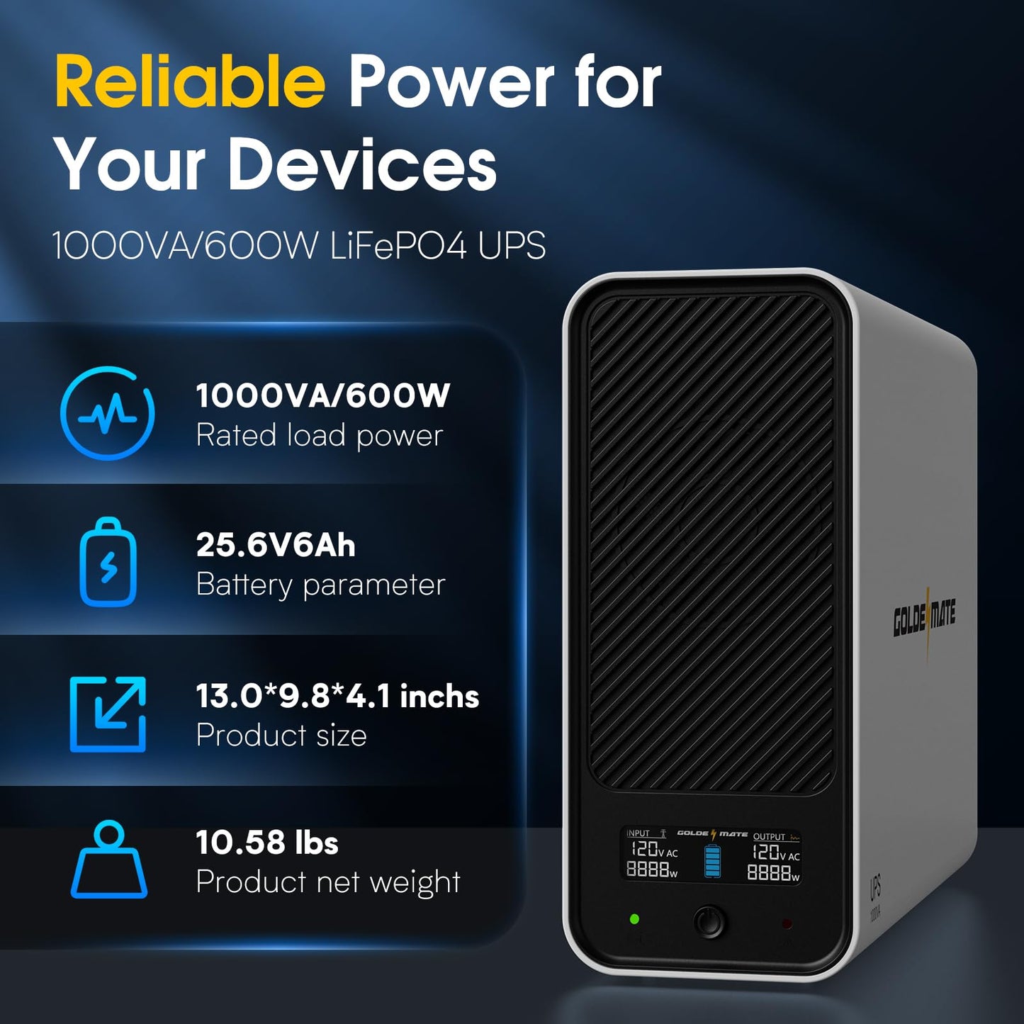 GOLDENMATE 1000VA/600W Lithium UPS Battery Backup and Surge Protector, Backup Battery Power Supply with LiFePO4 Batteries(153.6 Wh), Sinewave UPS System, 10 Years Lifespan, 8-Outlets, LCD Display