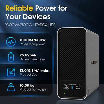 GOLDENMATE 1000VA/600W Lithium UPS Battery Backup and Surge Protector, Backup Battery Power Supply with LiFePO4 Batteries(153.6 Wh), Sinewave UPS System, 10 Years Lifespan, 8-Outlets, LCD Display