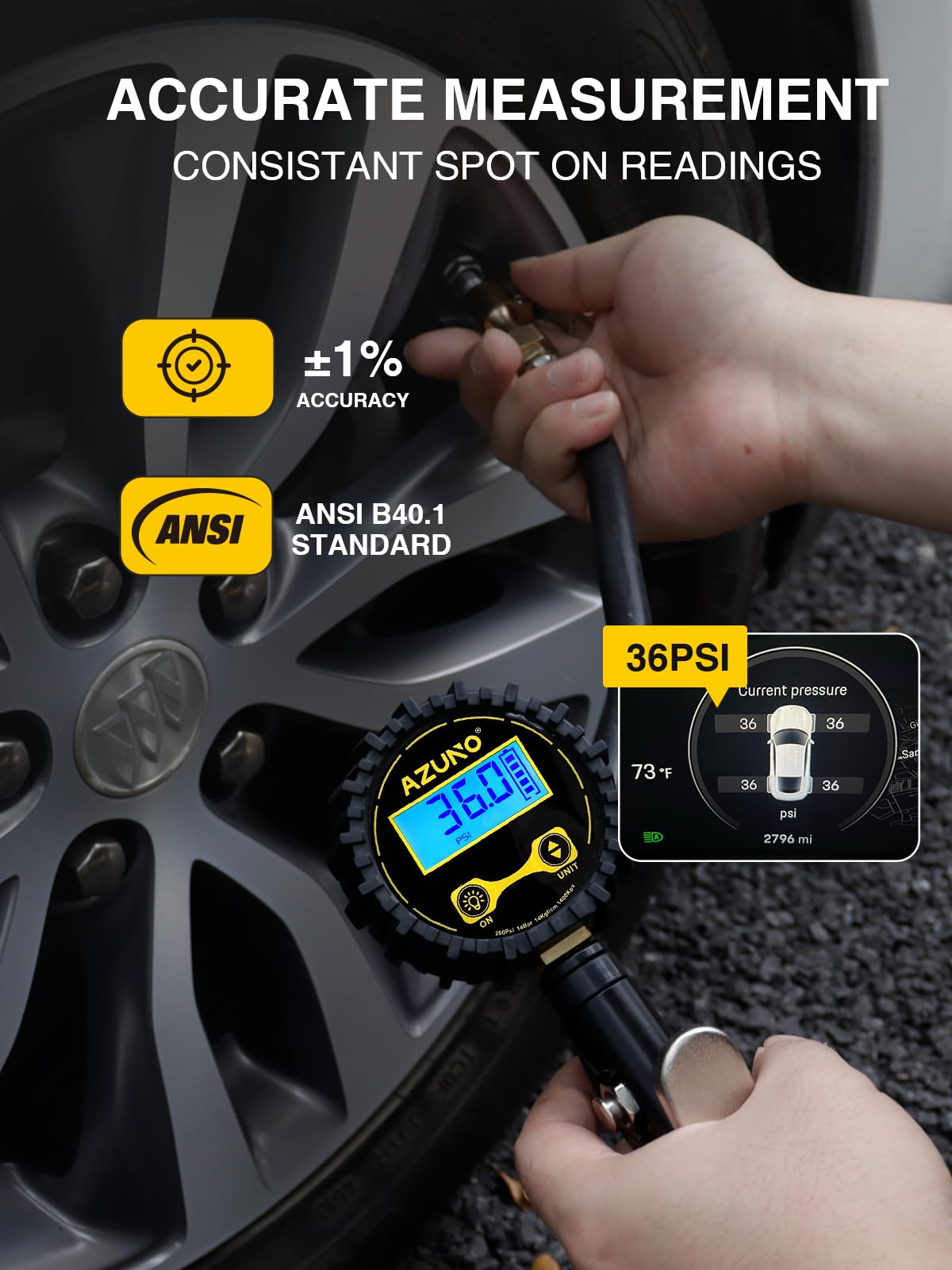 AZUNO Digital Tire Inflator with Pressure Gauge, 200 PSI, Heavy Duty Air Compressor Accessories, with Rubber Hose Lock on Air Chuck and Quick Connect Coupler, Comes with a Portable Carrying Box