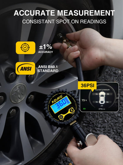 AZUNO Digital Tire Inflator with Pressure Gauge, 200 PSI, Heavy Duty Air Compressor Accessories, with Rubber Hose Lock on Air Chuck and Quick Connect Coupler, Comes with a Portable Carrying Box