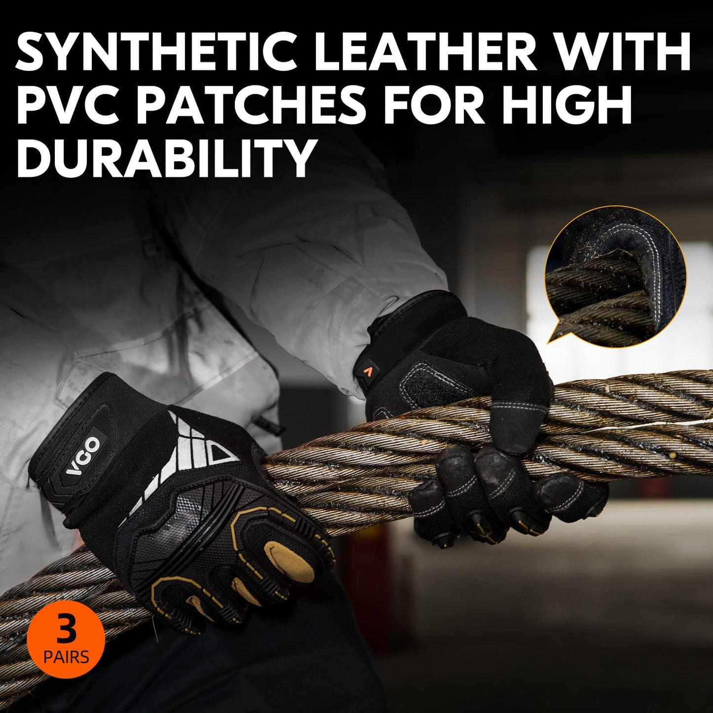 Vgo... 3-Pairs Heavy Duty Synthetic Leather Work Gloves, Impact Protection Mechanic Gloves, Rigger Gloves, Vibration Reduction, Touchscreen Capable (Size XL, Black, SL8849)
