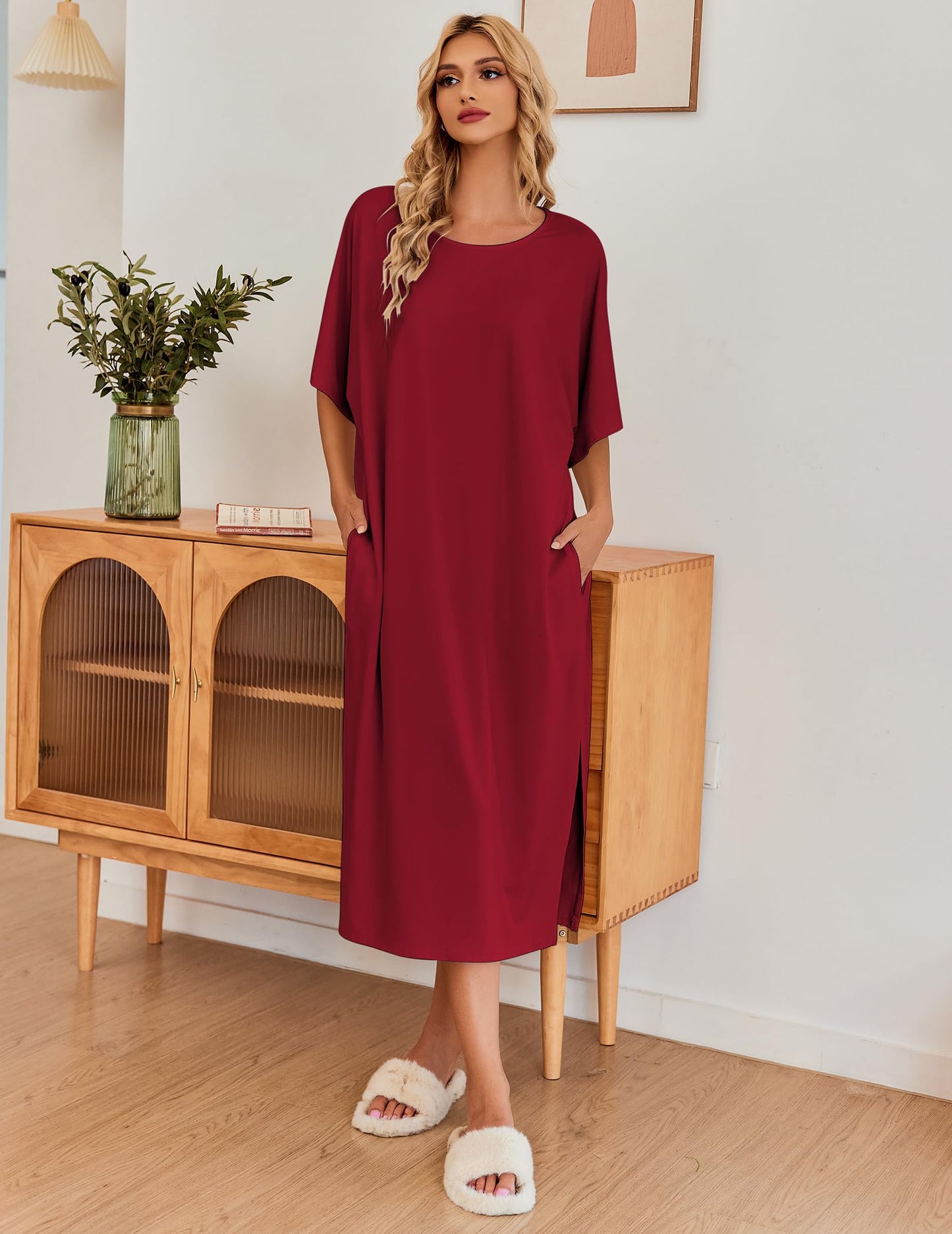 Ekouaer Womens V-Neck Cotton Nightgown Oversized Loose Fit Long Sleep Dress Purplish Red XX-Large