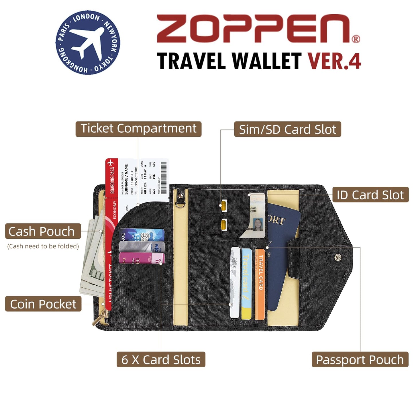 ZOPPEN Multi-purpose Rfid Blocking Travel Passport Wallet (Ver.4) Tri-fold Document Organizer Holder, 1 Black