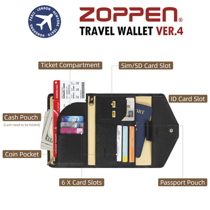 ZOPPEN Multi-purpose Rfid Blocking Travel Passport Wallet (Ver.4) Tri-fold Document Organizer Holder, 1 Black